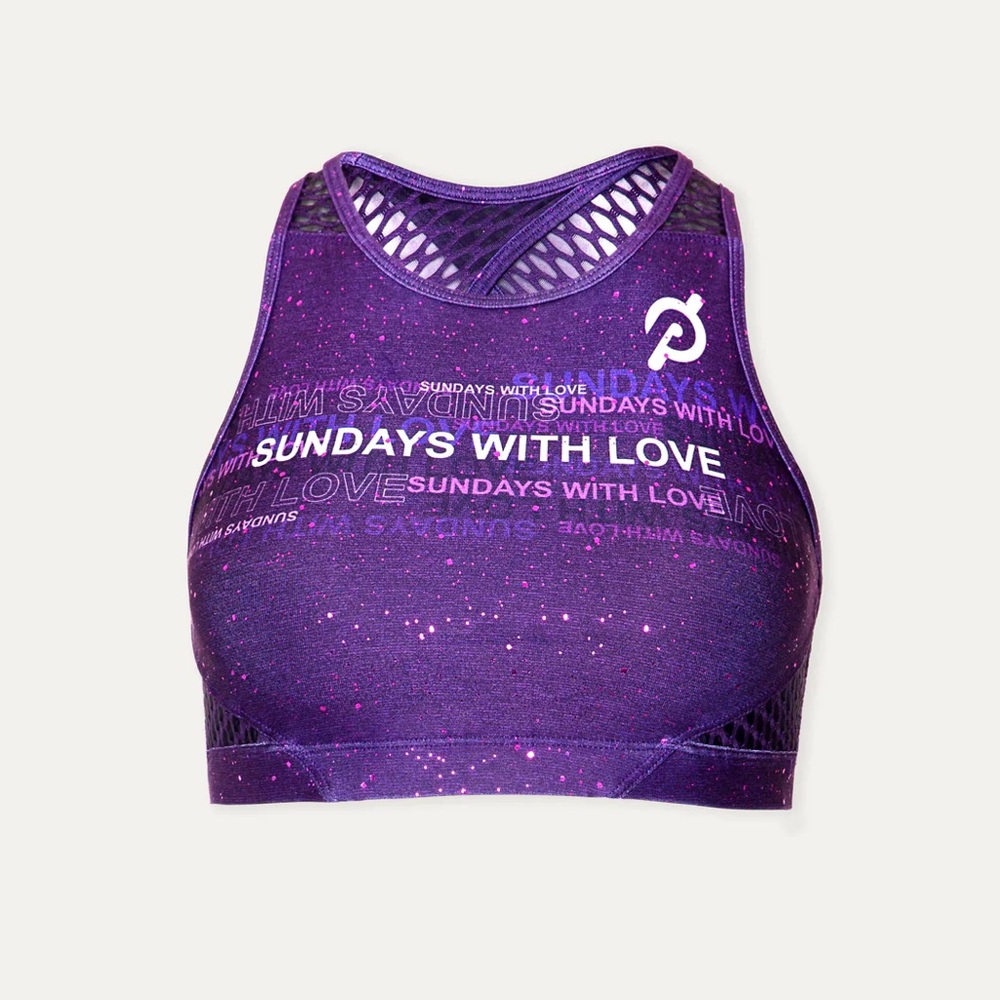 Peloton Sundays with Love Purple Glitter Sports Bra WITH Wear it to Heart